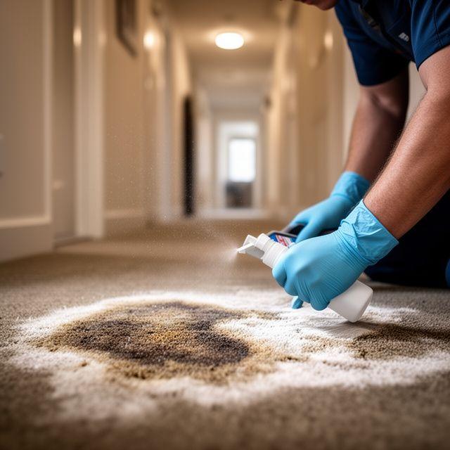 Technician applying enzyme treatment to pet urine staining on a hallway carpet inside a townhouse