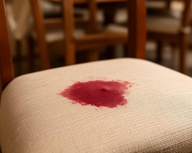 Dining chair with a red wine stain on beige upholstery in a warm dining room
