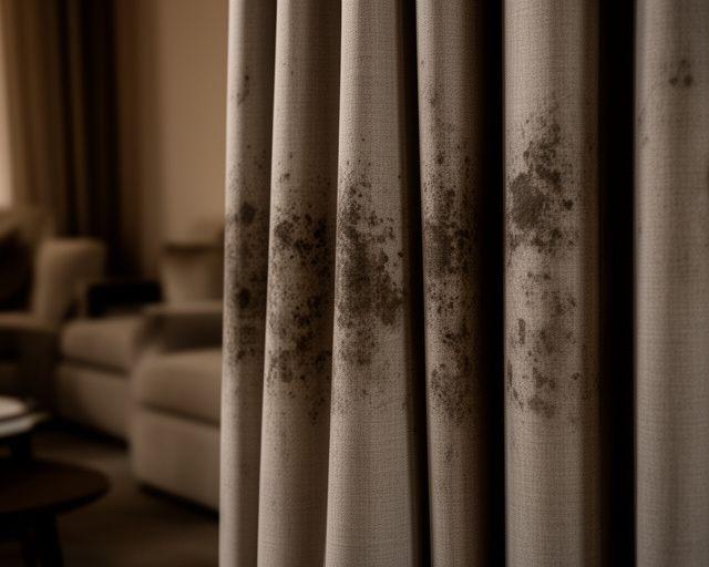 Heavy drapery panel with pet accident spotting and dull folds in a lounge setting