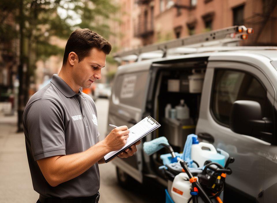 Cleaning technician reviewing an appointment checklist beside a neatly prepared service van in Brooklyn