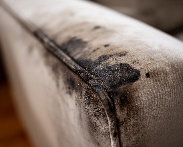 Close-up of a sofa arm with dark ink marks and dust build-up near the seam