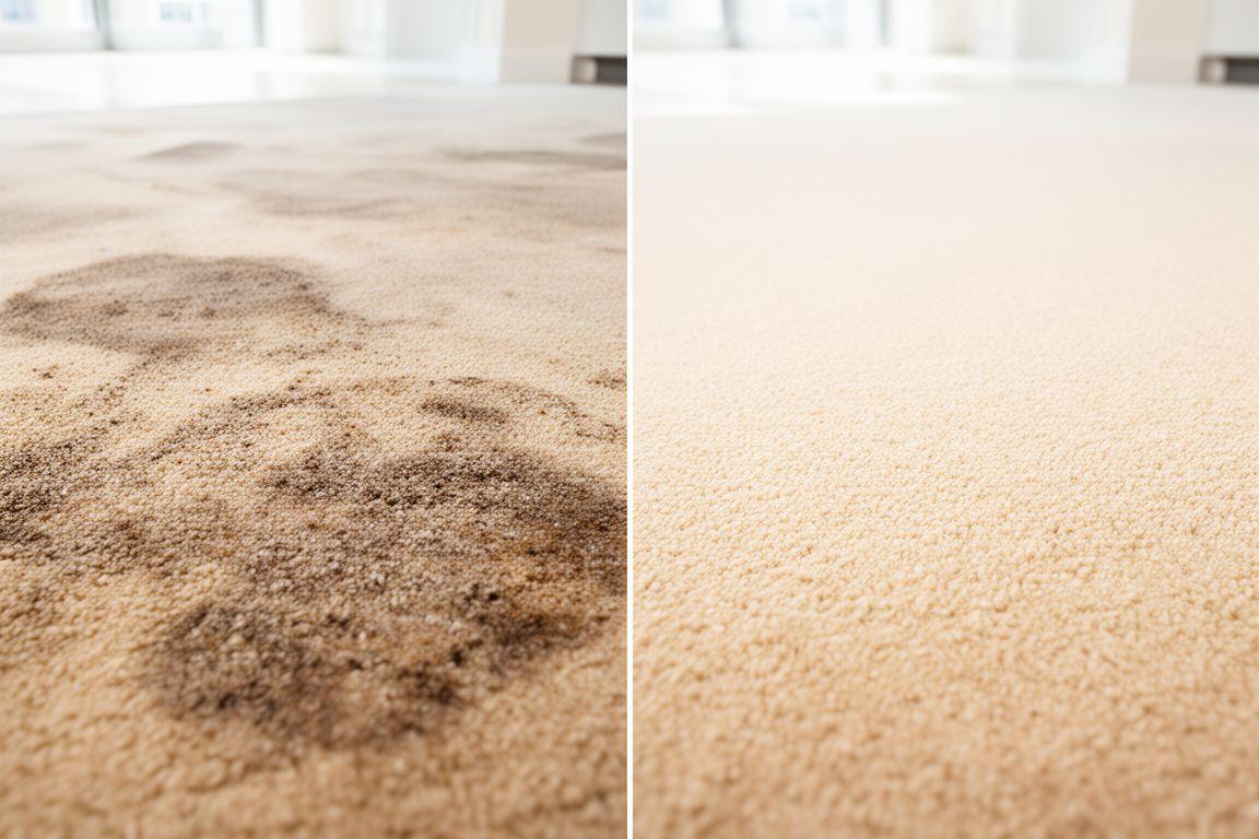 Split before and after view of a beige carpet restored from heavy foot traffic and drink stains