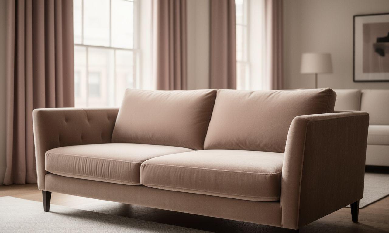 Freshly cleaned velvet sofa in a softly lit Brooklyn living room with folded drapes nearby