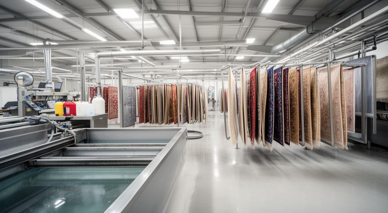 Wide view of a modern rug washing facility with drying racks, wash pit, and finishing stations