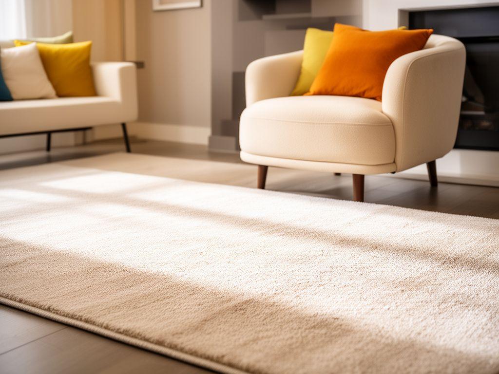 Clean area rug and upholstered chair displayed in a modern Brooklyn apartment with soft daylight